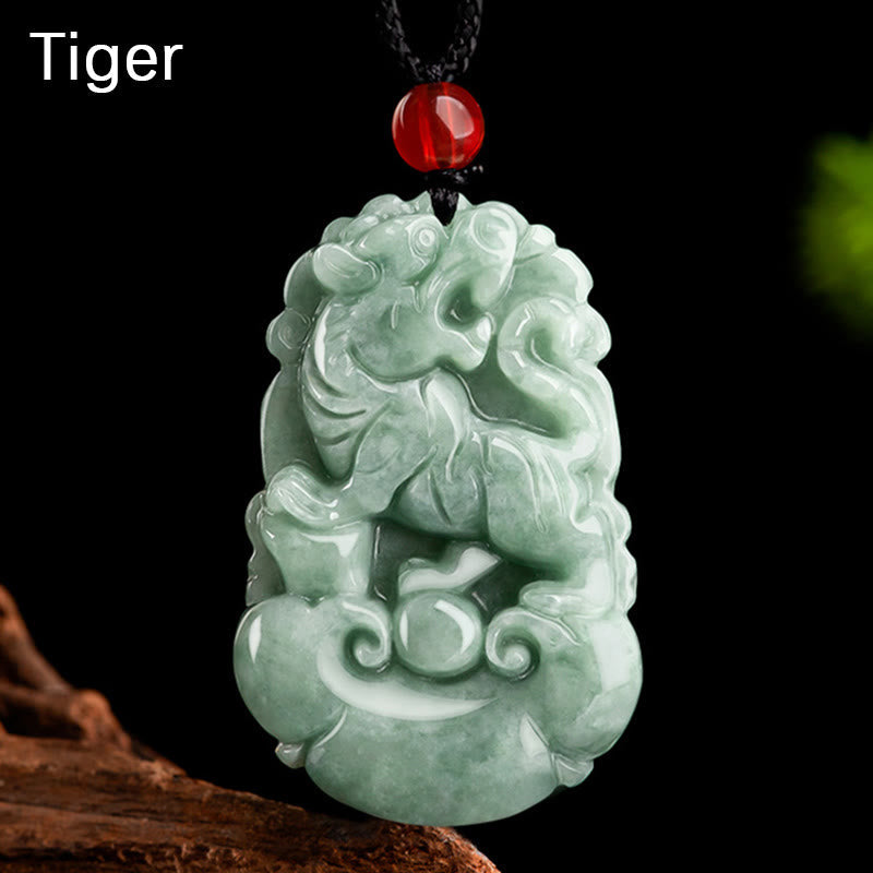 Green Jade Zodiac Necklace - Tiger relief carving with flowing mane and ruyi base, courage amulet