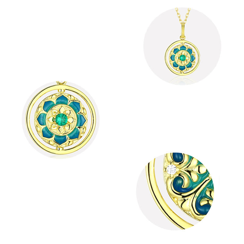 Silver Lotus Zircon Necklace – Three views with enamel detail, Craftsmanship