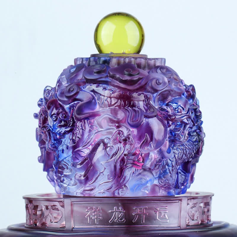 Liuli Dragon Pagoda Orb – Purple crystal lid with green finial and carved dragon temple relief, Strength
