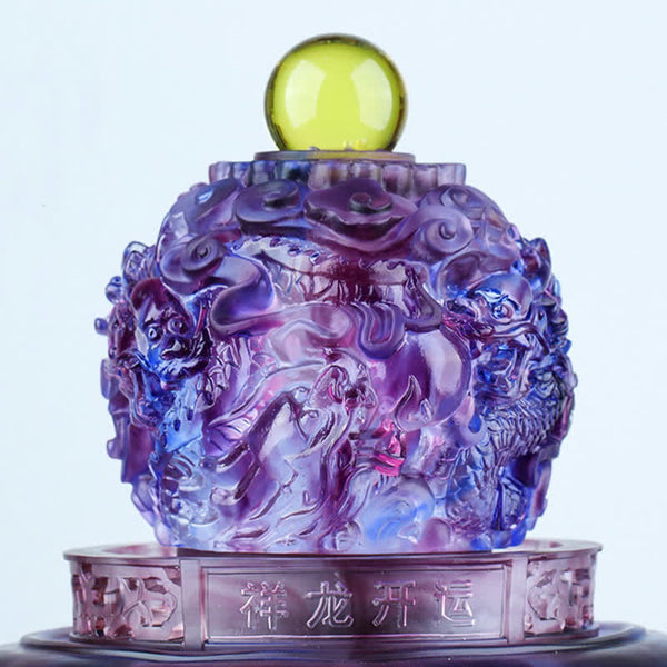 Liuli Dragon Pagoda Orb – Purple crystal lid with green finial and carved dragon temple relief, Strength