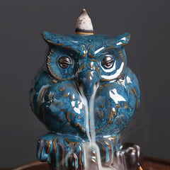 Ceramic Owl Incense Burner - crackle-glazed teal owl with flowing smoke, zen