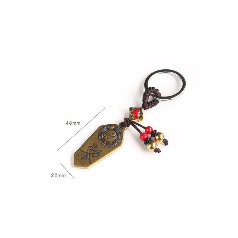 Feng Shui Bagua & Yin Yang Copper Keychain - Pendant with bagua detail and dimension markings, protective keychain