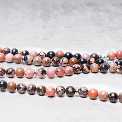 108 Mala Beads Rhodonite Lotus Bracelet – Three rows of pink veined rhodonite beads, crystal healing