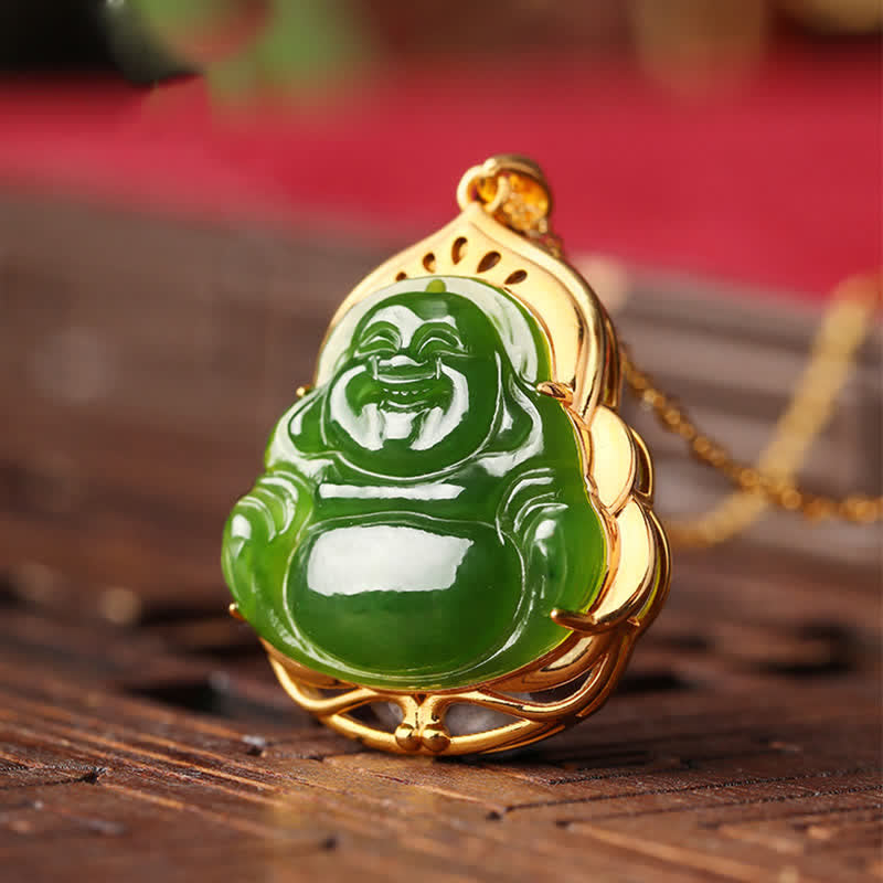 925 Silver Hetian Cyan Jade Laughing Buddha 18K Gold Necklace – white silk soft studio light, high-end jade necklace