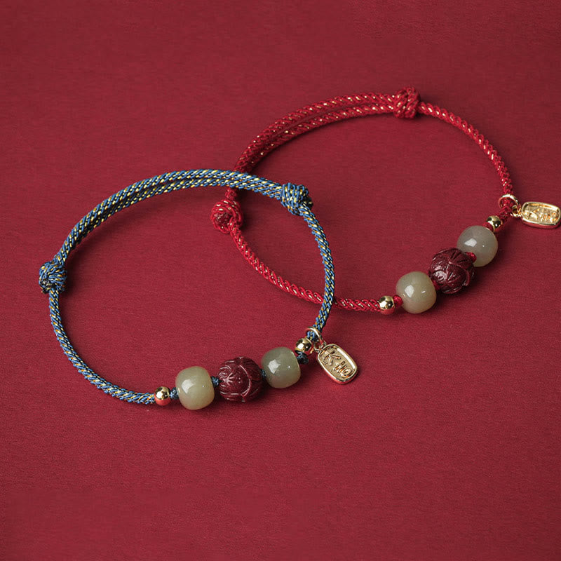 Hetian Jade Cinnabar Lotus Bracelet – Blue and red cord bracelets overlapping on crimson, stacked bracelet