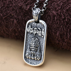 Sterling Silver Zakiram Goddess of Wealth Mantra Pendant – front view on textured fabric, prosperity talisman