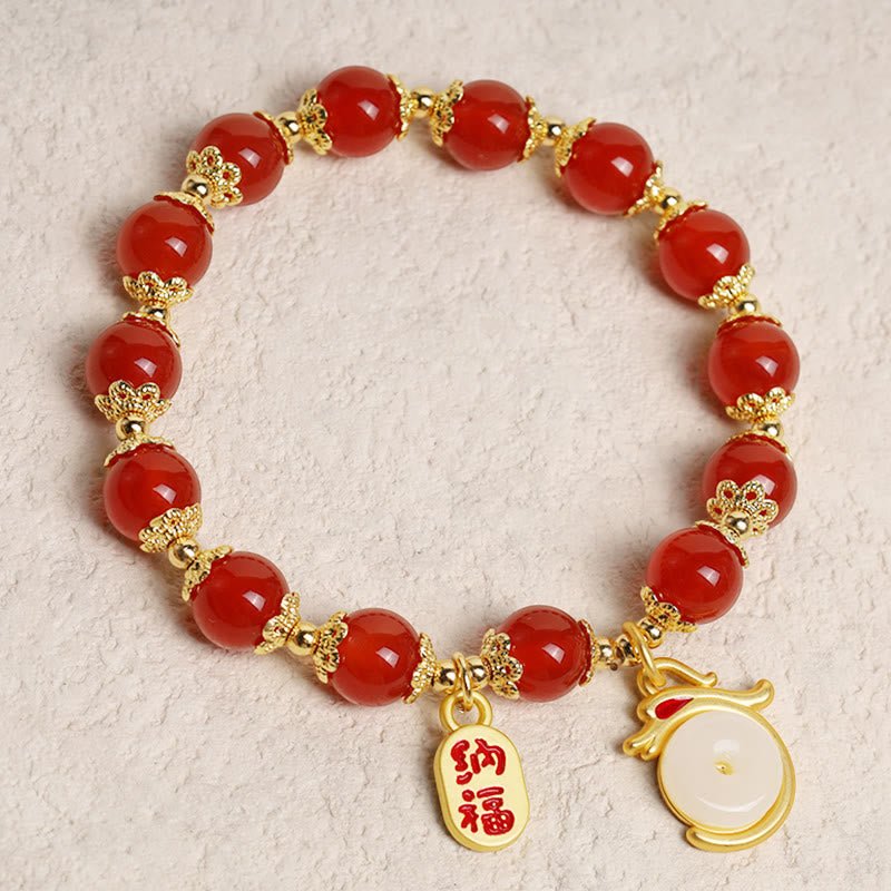 Red Agate Aventurine Dragon Bracelet – Top-down red beads with gold rabbit and na fu charms, Cultural