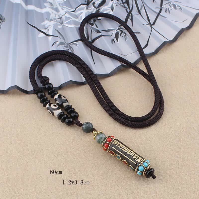 Wenge Wood Dzi Bead Mantra Necklace - 60cm dzi bead cord with engraved bronze pendant, Om Mani Padme Hum