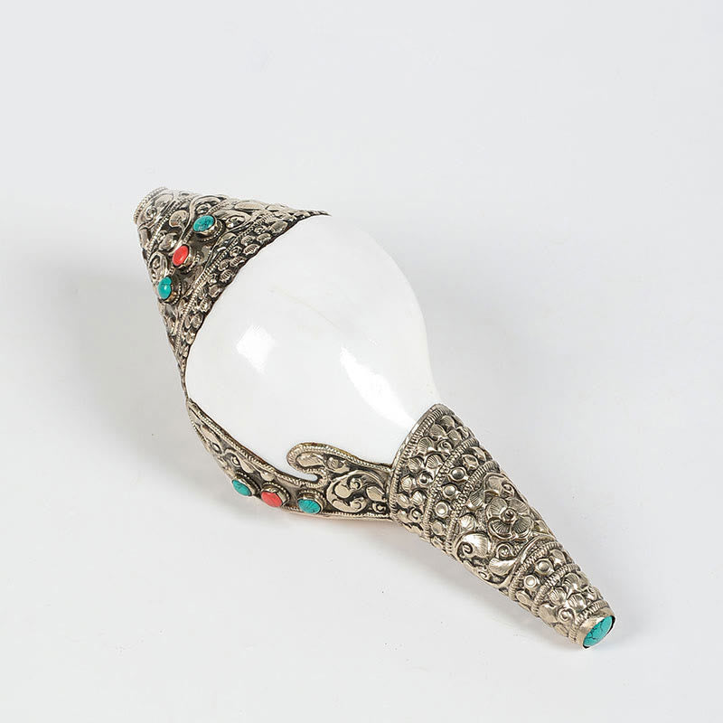 Tibetan Shankha Conch Shell Decoration – Conch shell horizontal profile, silver floral repoussé, turquoise coral accents, Traditional
