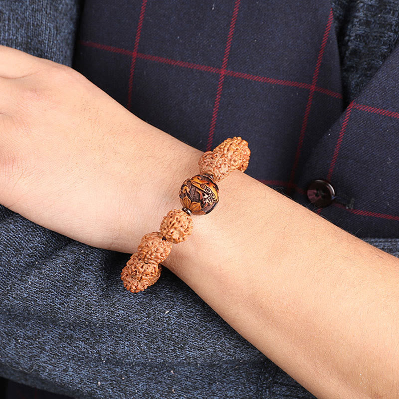 Rudraksha PiXiu Bracelet – On wrist with navy checkered shirt sleeve, everyday spiritual jewelry