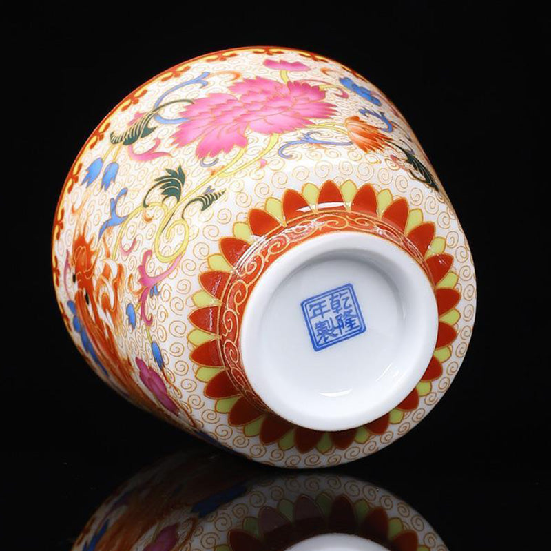 2Pcs Dragon Phoenix Ceramic Teacup Set - Low angle showing decoration and foot ring, collectible