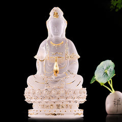 Kwan Yin Liuli Crystal Statue – Amber glass goddess with flowing robes, Buddhist altar decor