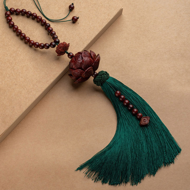 Red Sandalwood Lotus Tassel - green tassel necklace with lotus and beaded chain, spiritual
