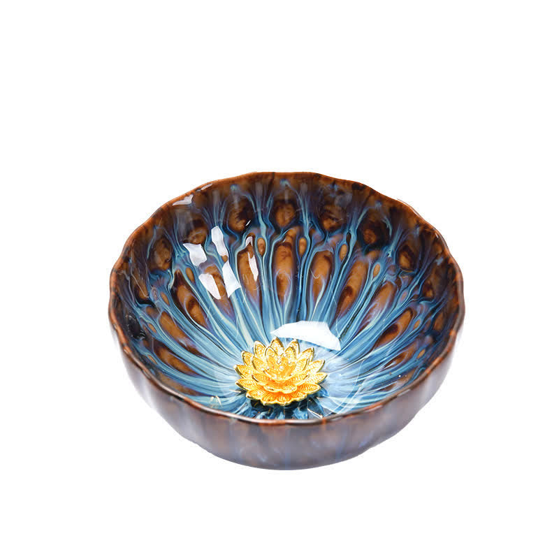 Lotus Peacock Dragon Phoenix Koi Fish Ceramic Teacup – with tea poured showing liquid color, tea ceremony cup
