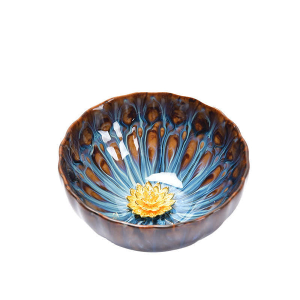 Lotus Peacock Dragon Phoenix Koi Fish Ceramic Teacup – with tea poured showing liquid color, tea ceremony cup