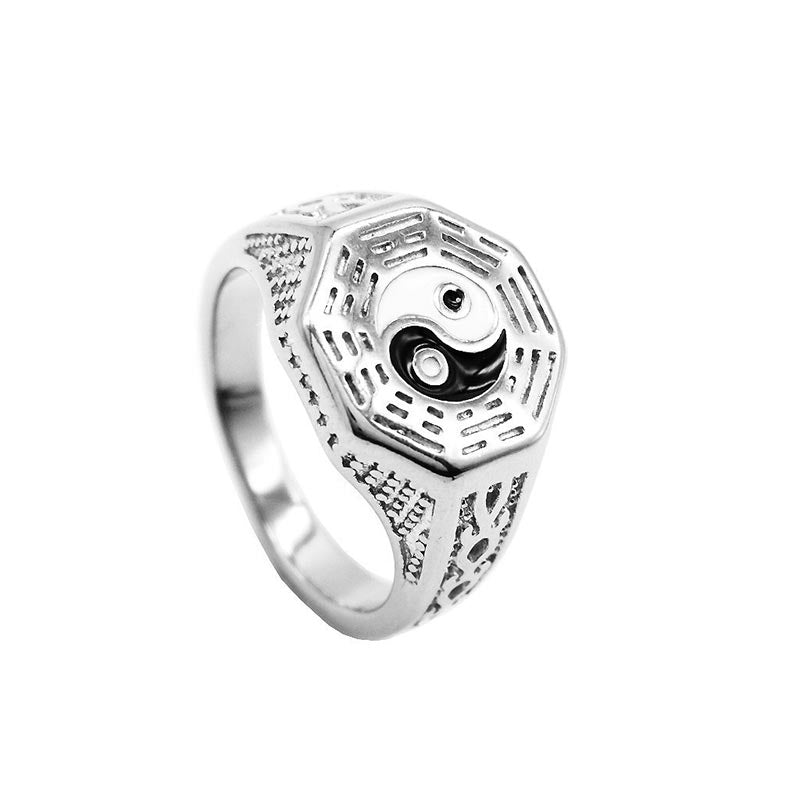 Yin Yang Copper Luck Ring - Silver tone ring with yin-yang bagua trigrams on white, men's luck ring