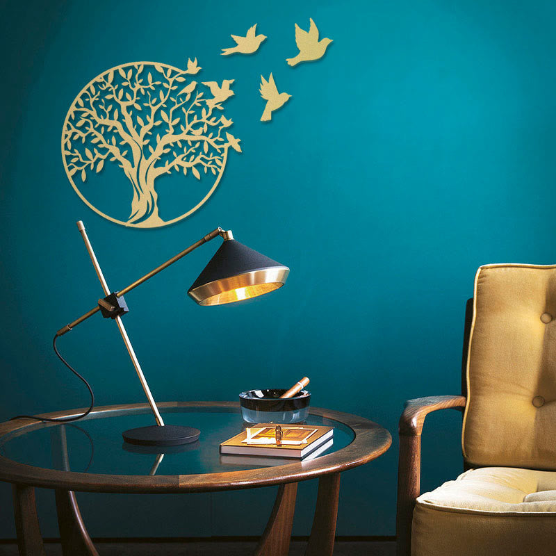 Tree of Life Birds Metal Wall Art - gold tree with birds on teal wall with mustard armchair and architect lamp
