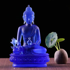 Medicine Buddha Liuli Crystal Statue Handmade Home Office Decoration – handcrafted liuli glass Buddha, ancient Chinese craft