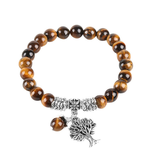 Tree of Life tiger eye bracelet with golden-brown banded gemstone beads, silver tree-of-life charm, ornate silver spacers, matching tiger eye dangle.
