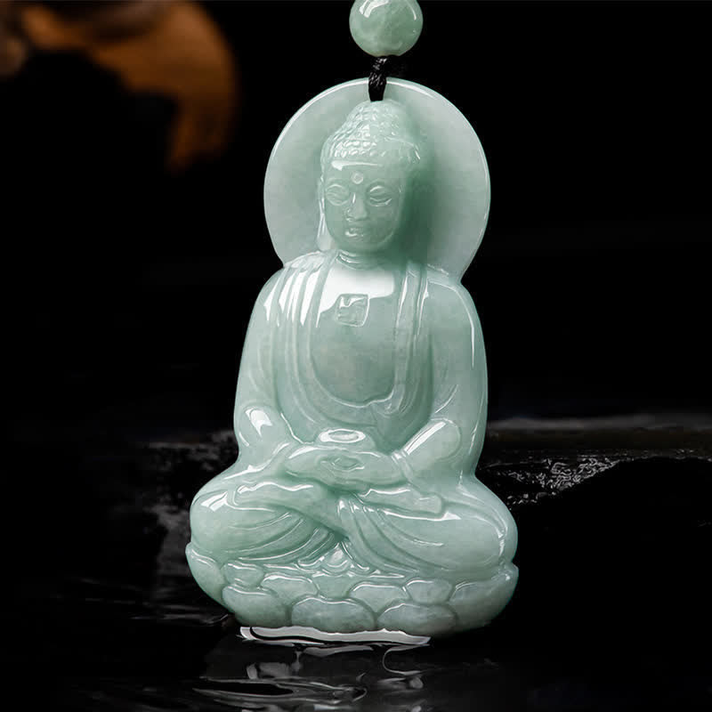Amitabha Buddha Jade String Necklace - Dhyana mudra meditation hands and circular nimbus close-up