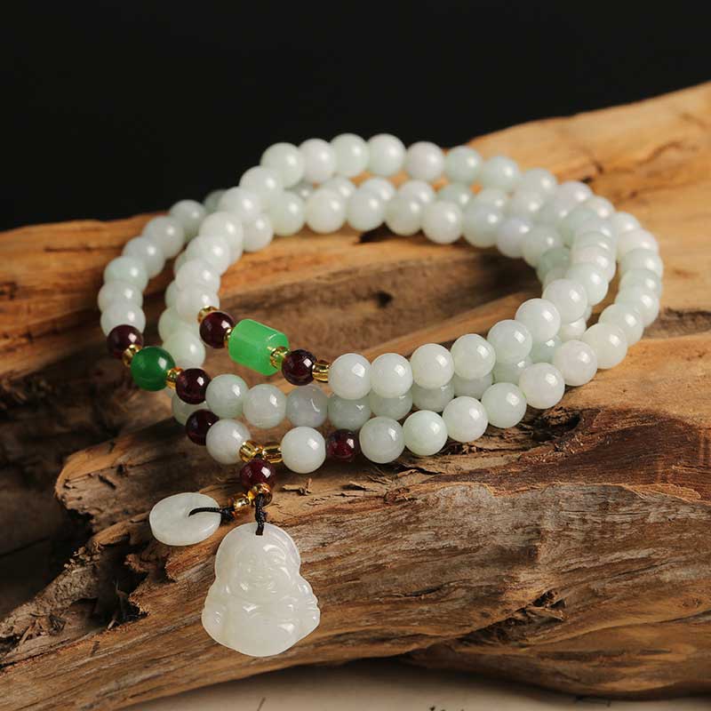 Jade Pixiu Maitreya Buddha Abundance Bracelet – On natural wood with Maitreya Buddha jade pendant, wealth luck