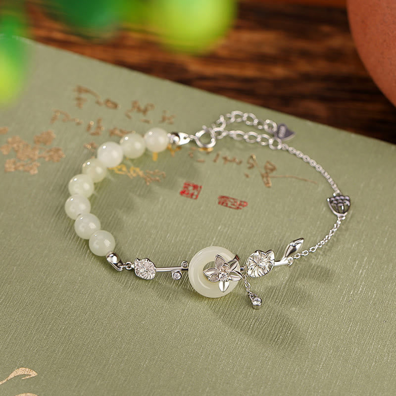 Sterling Silver Hetian Jade Peace Buckle Bracelet - silver lotus over jade disc on calligraphy