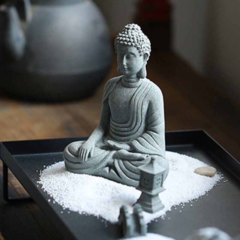 Sitting Meditation Buddha Sandstone Statue – zen garden stone lantern pebbles, dhyana, mindful