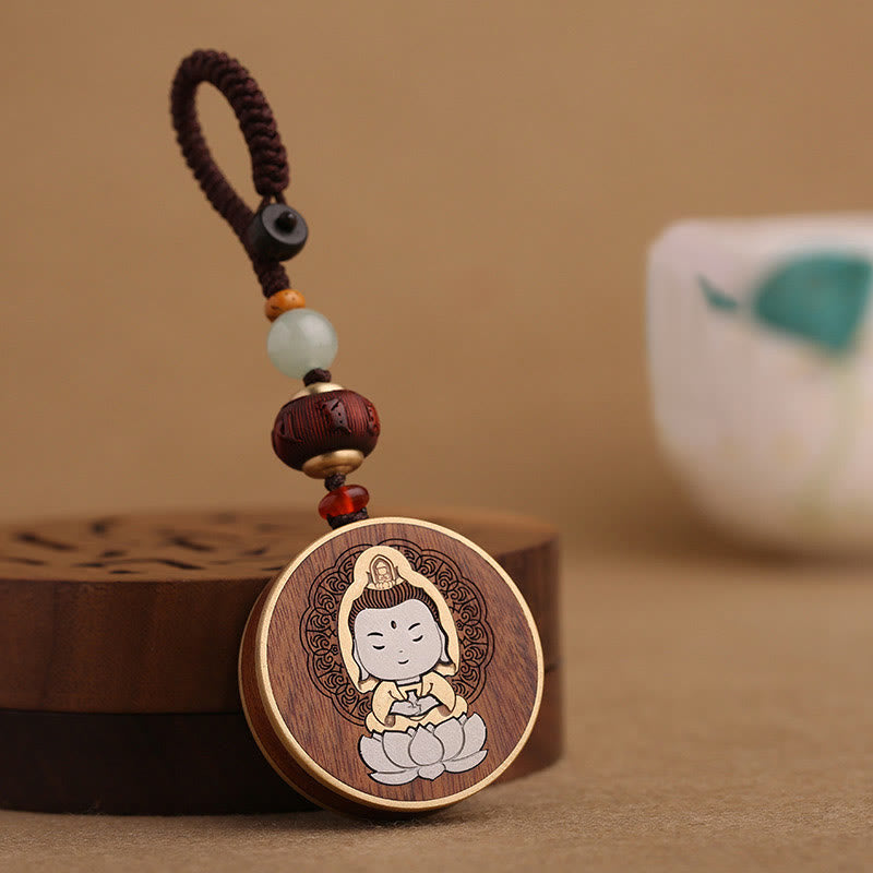 Ebony Avalokitesvara Keychain – warm wood tones under sunlight, natural oil finish luster photography