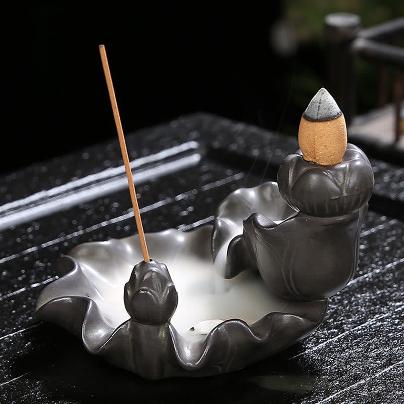 Koi Fish Purple Clay Incense Burner – burner on wooden tea table, traditional Chinese incense ware