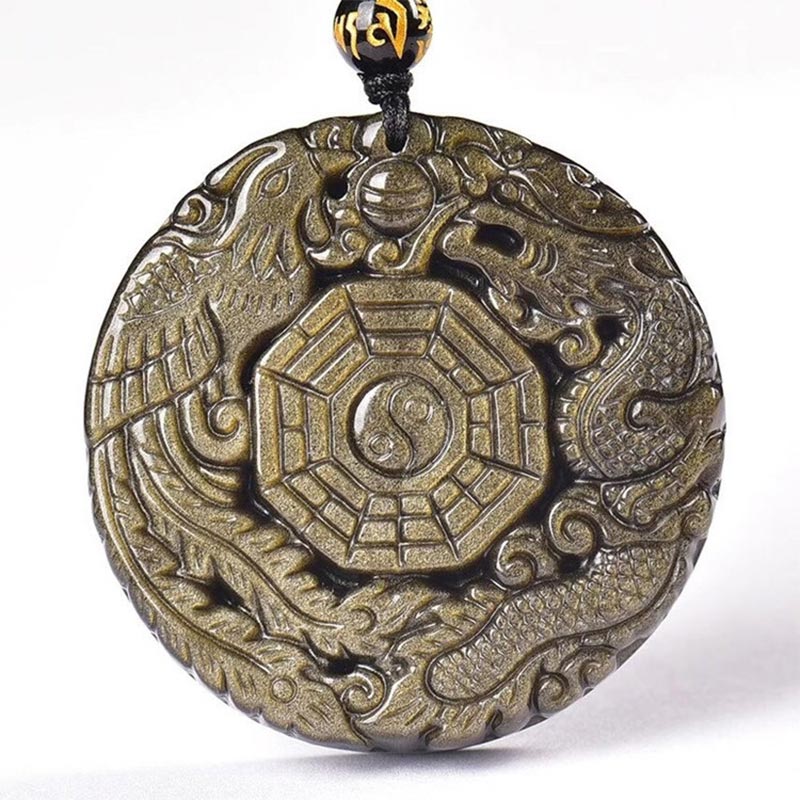 Golden Obsidian Pendant Necklace – Frontal view white background, dragon phoenix Bagua talisman