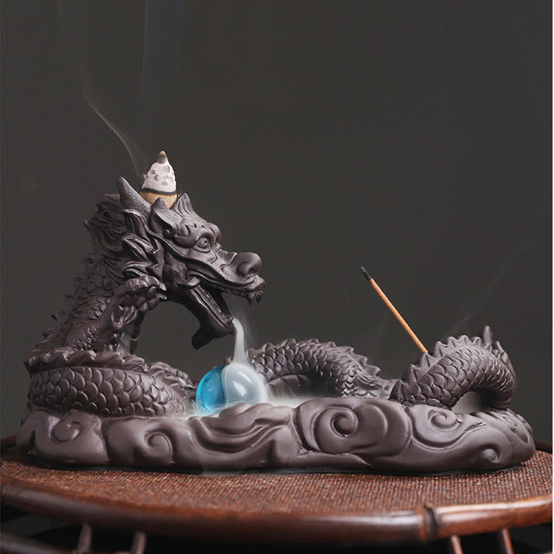 Dragon Incense Burner Set - four angle view, smoke waterfall detail, versatile