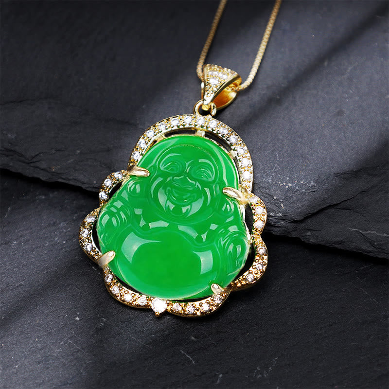 Jade Laughing Buddha Luck Necklace – green jade laughing Buddha on black slate with gold diamond frame, closeup