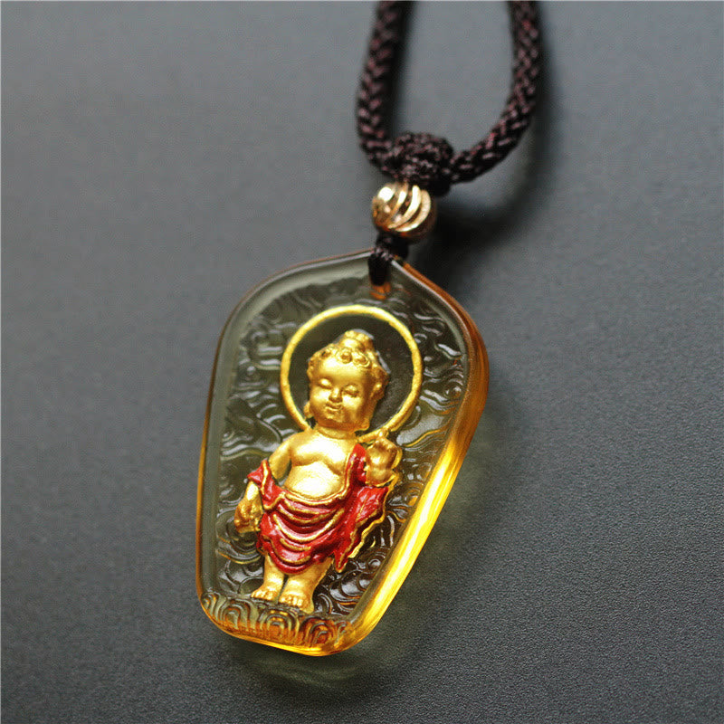 Tibetan Buddha Liuli Crystal Necklace – front view translucent colored glass Buddha in lotus pose, pendant
