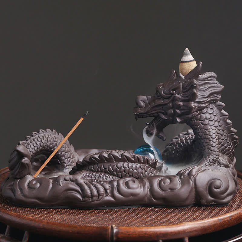 Dragon Purple Clay Burner - elevated view smoke around blue orb, lotus accent, peaceful