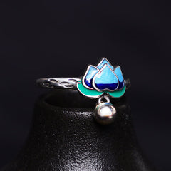 Lotus Flower Copper Ring - blue enamel lotus with silver bead dangle on black stand, spiritual