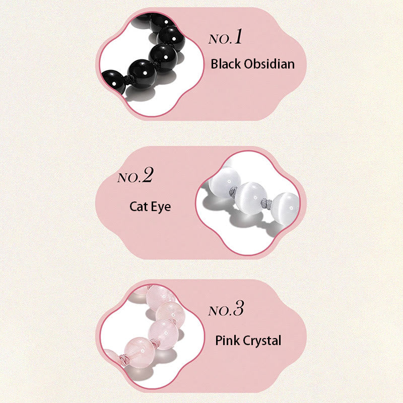 Black Obsidian PiXiu Bracelet – Style card showing obsidian, cat eye, pink crystal options