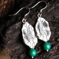 Sterling Silver Turquoise Lotus Leaf Earring - leaf pendants on bark, turquoise accent