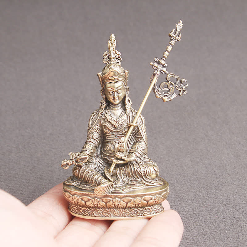 Padmasambhava Buddha Copper Statue – close-up serene face and flowing beard, spiritual craftsmanship detail