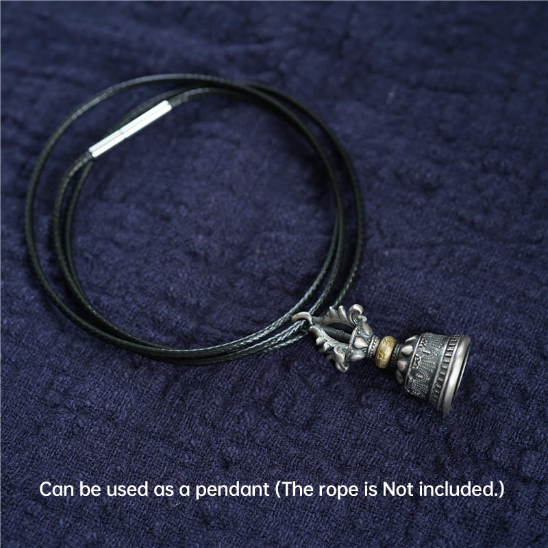 925 Silver Dorje Bell Pendant – Prayer wheel bell on navy cord with vajra top and gold accent band