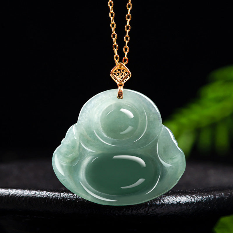 Laughing Buddha Jade Prosperity Necklace 18K Gold Abundance Pendant – diamond cut gold border jade, elegant prosperity pendan