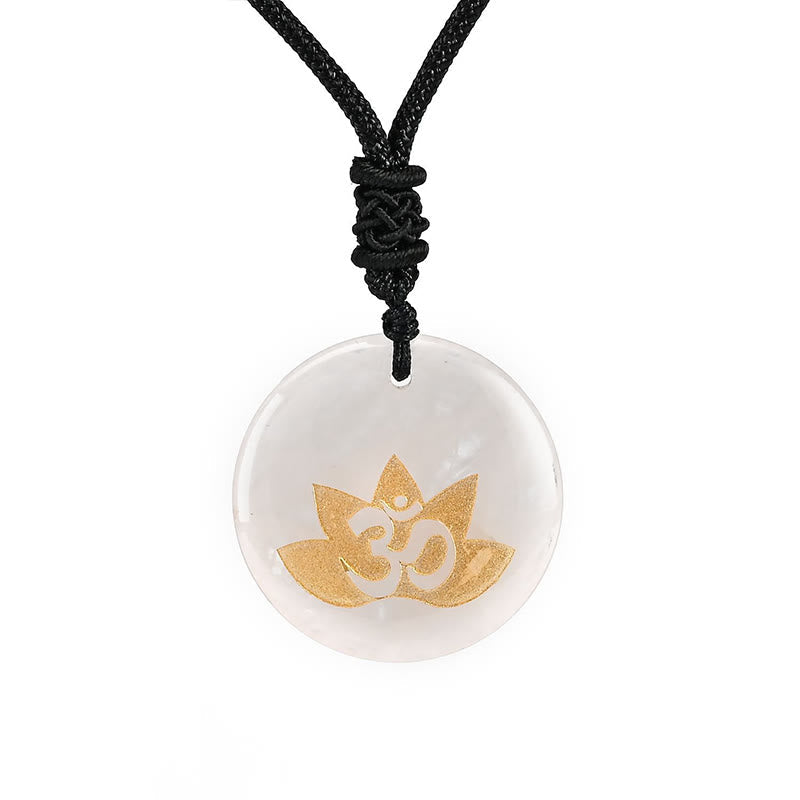 OM Lotus Amethyst Tiger Eye Pendant - translucent white crystal disc with gold lotus Om, clarity meditation necklace