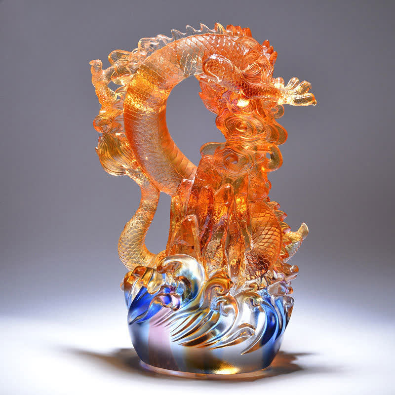 Liuli Crystal Dragon Art - Serpentine dragon riding translucent blue waves, feng shui masterpiece