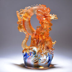 Liuli Crystal Dragon Art - Serpentine dragon riding translucent blue waves, feng shui masterpiece