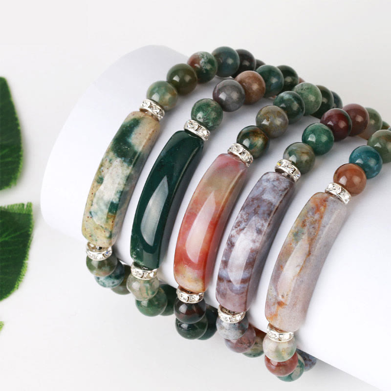 Natural Multi-Stone Love Heart Healing Bracelet - Five Indian Agate color variants stacked together showing green, emerald, terracotta, lavender, and peach stone options