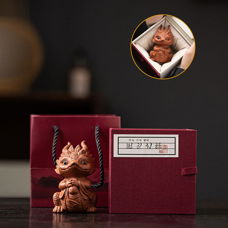 Luck Dragon Purple Clay Tea Pet - dragon with pearl and gift box, 9.5cm