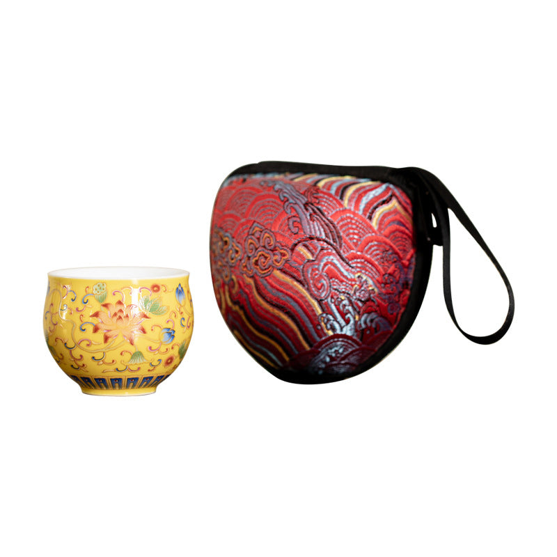 Lotus Pod Ceramic Tea Cup – yellow lotus cup paired with red wave-pattern pouch