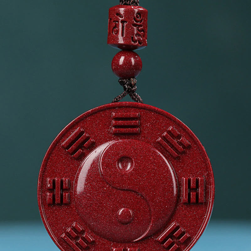 Cinnabar Yin Yang Bagua Blessing Necklace Pendant – close-up trigram carving, red cinnabar