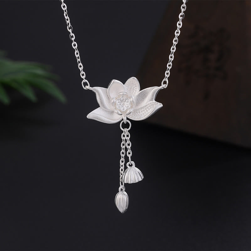 999 Silver Lotus Pod Necklace – Blooming lotus with bud and seed pod tassels, matte silver, lotus jewelry