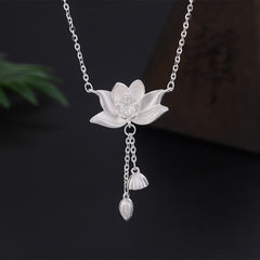 999 Silver Lotus Pod Necklace – Blooming lotus with bud and seed pod tassels, matte silver, lotus jewelry