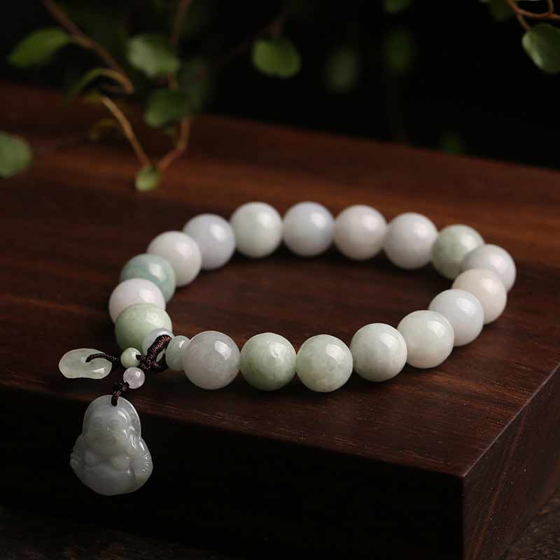 Natural Jade Pi Xiu Buddha Gourd Apple Success Bracelet – Buddha gourd charm detail on wooden display, sacred beads